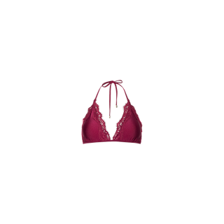 The Annabelle Triangle Bikini Top, featuring a burgundy hue, delicate lace trim, a plunging neckline, and halter tie strings, is displayed on a plain white background.