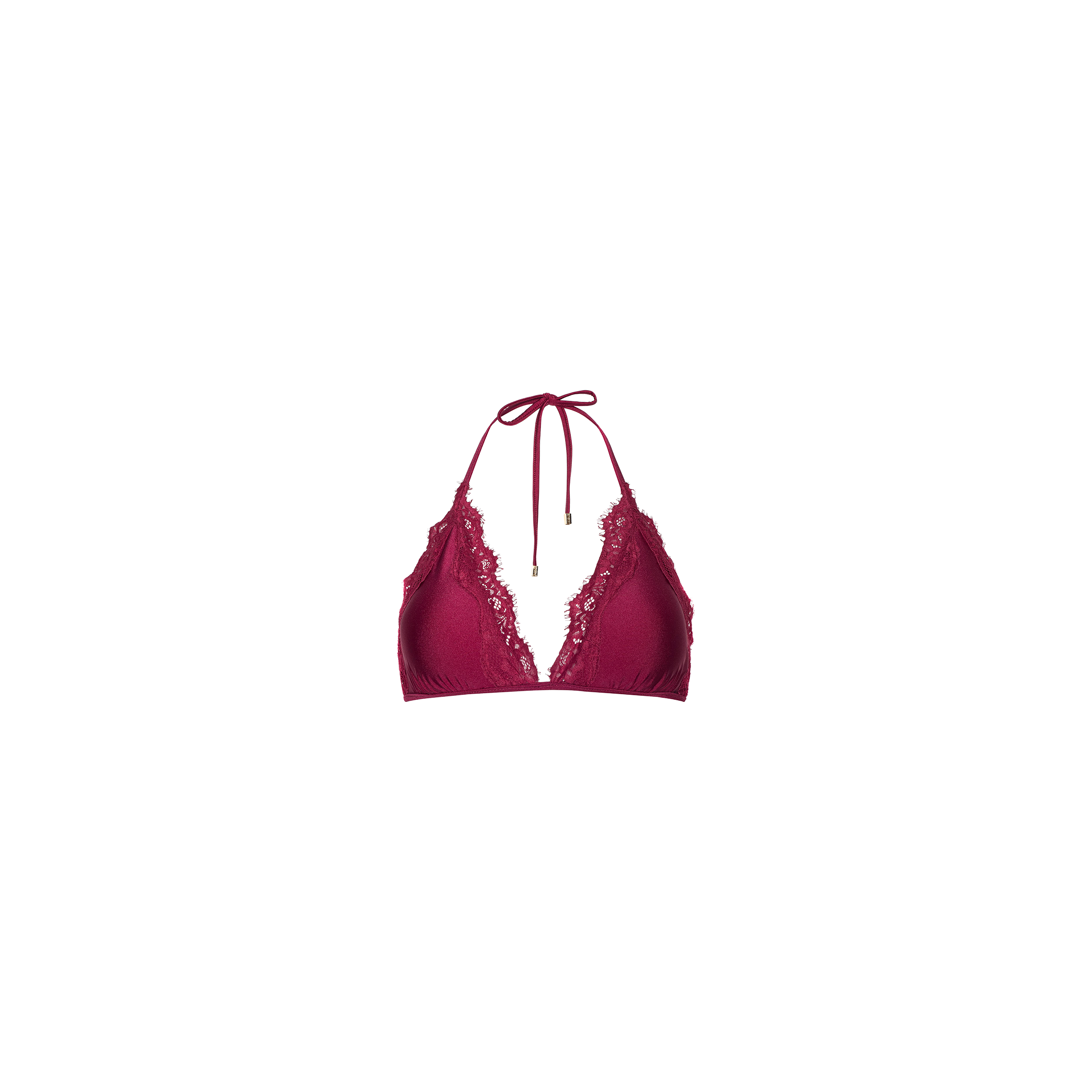 The Annabelle Triangle Bikini Top, shown in burgundy with a halter neckline and adjustable tie closure at the neck, features delicate lace trim and is displayed on a plain white background.
