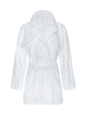 The Caterina Cover-Up Robe is a white textured cotton jacquard bathrobe with long sleeves, a wide collar, and a matching belt at the waist, shown against a plain white background.