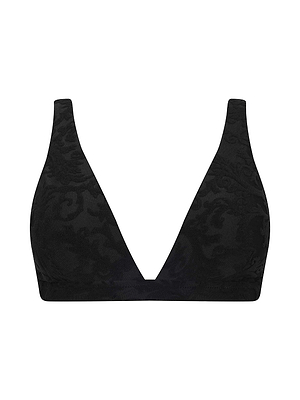 The Lexie Bikini Top is a black jacquard terry bralette featuring a subtle floral pattern, plunging V neckline, and wide straps, shown against a plain white background.