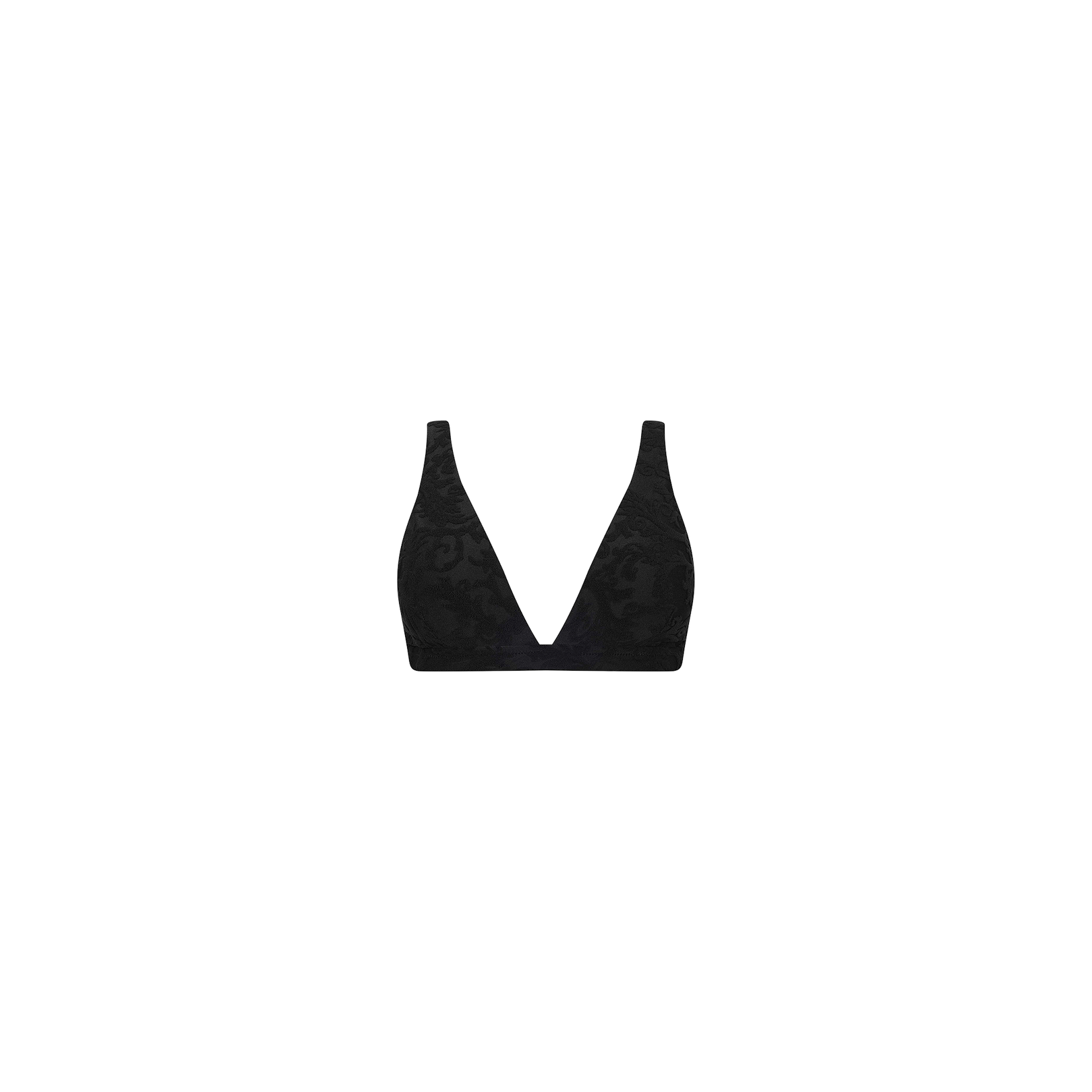 The Lexie Bikini Top, featuring a deep V-neckline and wide, adjustable straps in black, is displayed on a plain white background.