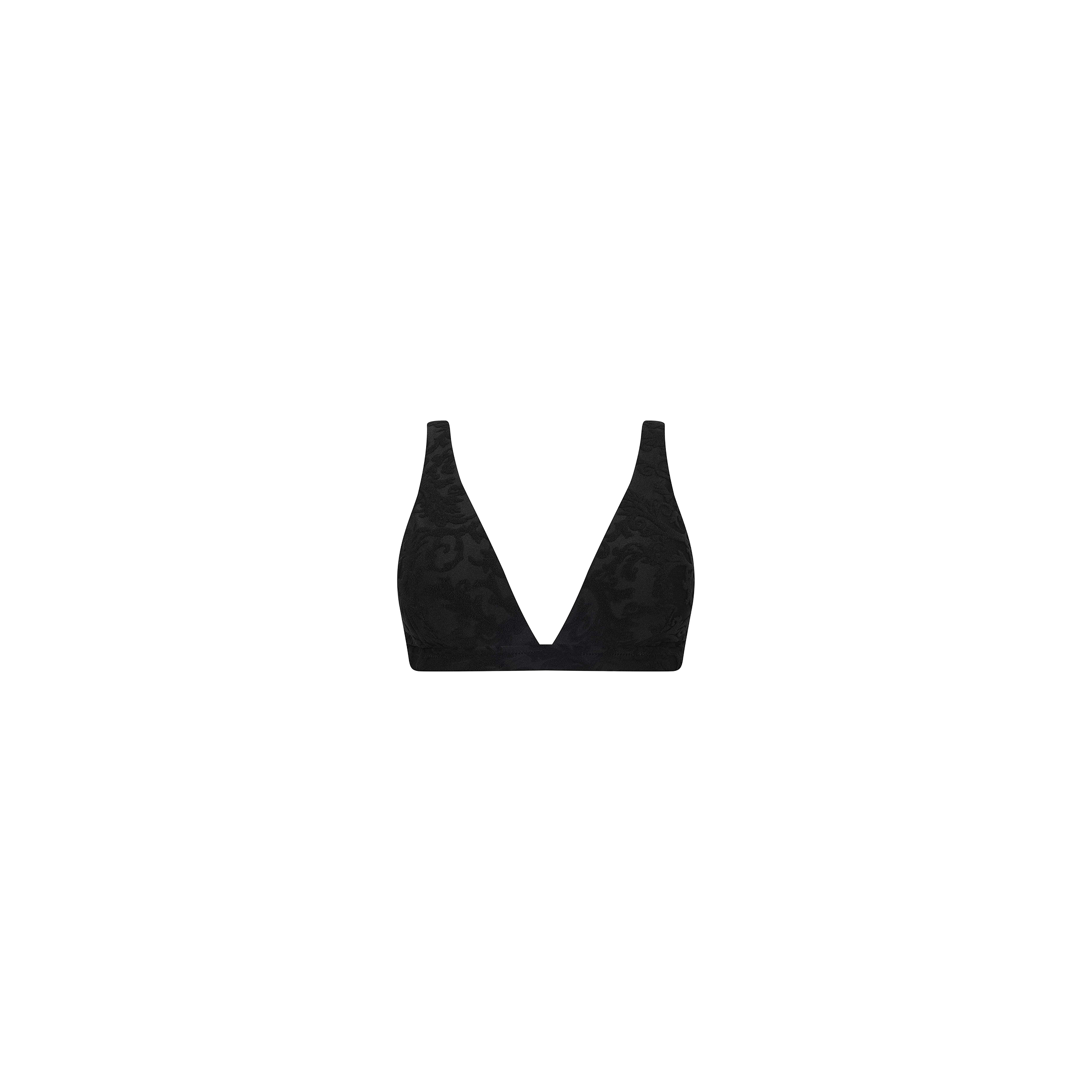 The Lexie Bikini Top, featuring a deep V-neckline, wide shoulder straps, and an unadorned black lace design with no visible clasps or embellishments, is displayed against a plain white background as an elegant alternative to a swim top.