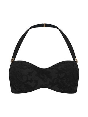 The L'AGENCE Sally Bandeau Top is a black bikini top with a subtle jacquard terry floral pattern and gold accents on the straps, displayed against a white background.