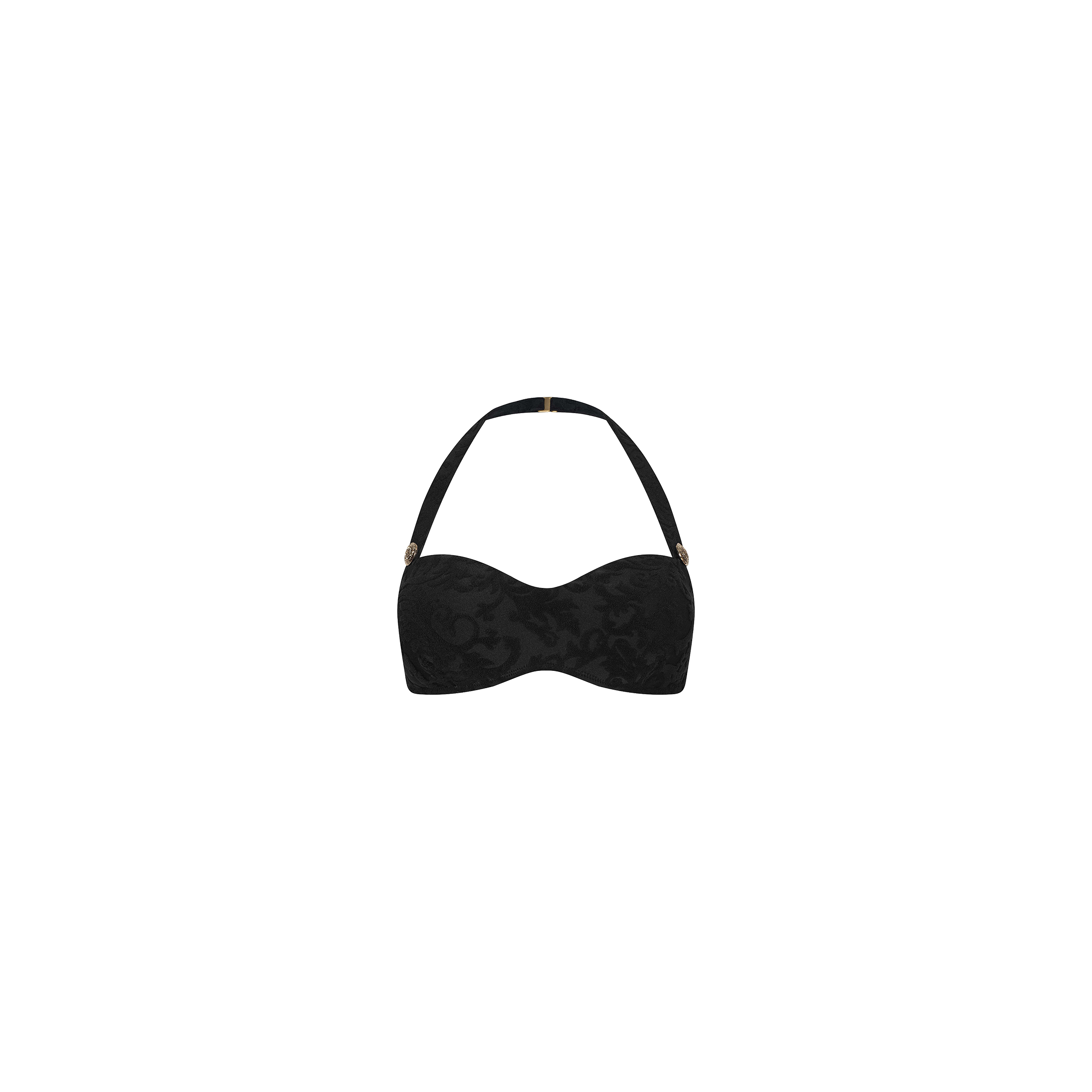 The Sally Bandeau Top is a black strapless bra with a detachable halter strap, adorned with a subtle floral pattern on the cups that channels retro glamour, and is showcased against a plain white background.