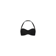 The Sally Bandeau Top is a black strapless bra with a detachable halter strap, adorned with a subtle floral pattern on the cups that channels retro glamour, and is showcased against a plain white background.