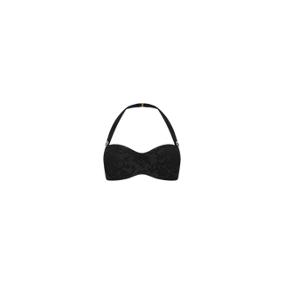 The Sally Bandeau Top is a black strapless bandeau featuring a detachable halter strap and a subtle floral jacquard terry pattern, shown against a plain white background for an extra touch of retro glamour.