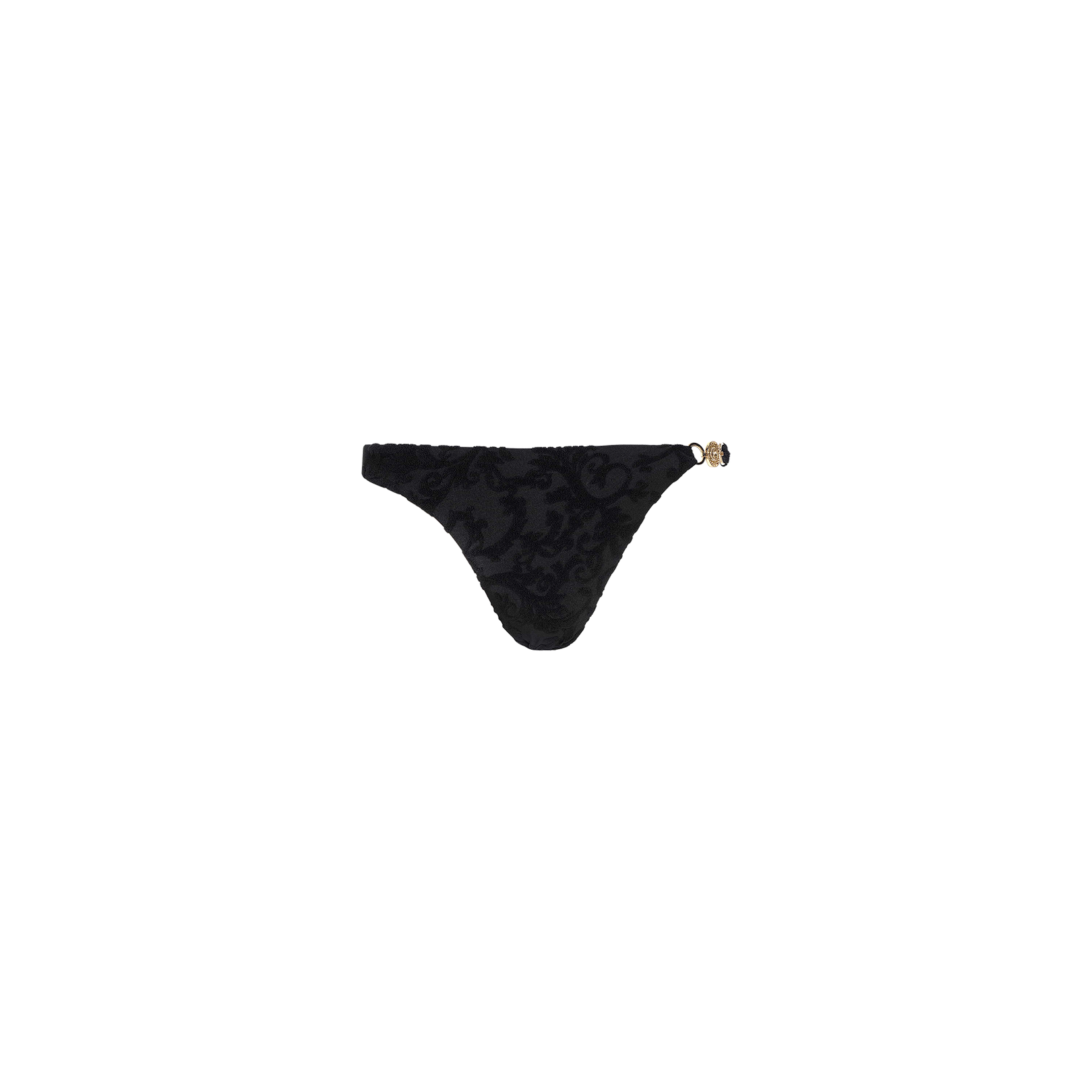 Jean Bikini Bottom featuring a subtle floral pattern, small metallic detail on the left waistband, and a high-leg cut, displayed against a plain white background.