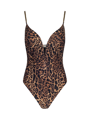 The L'AGENCE Lilou One-Piece Swimsuit features a leopard print, brass-chain straps, deep V neckline with v-wire, fitted waist, and high-cut legs for chic style. Shown on a white background.
