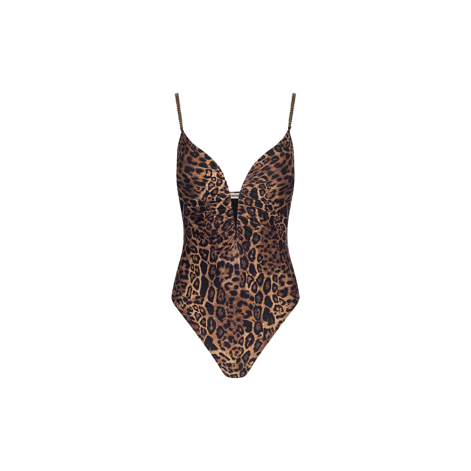 The Lilou One-Piece Swimsuit features a leopard print, thin straps, and a deep V neckline, styled as a chic bodysuit and showcased against a plain white background.