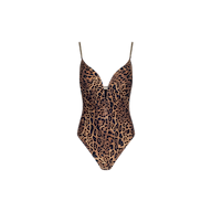 The Lilou One-Piece Swimsuit features a leopard print, thin straps, and a deep V neckline, styled as a chic bodysuit and showcased against a plain white background.