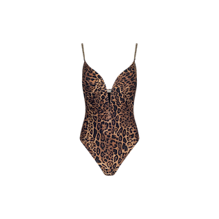 The Lilou One-Piece Swimsuit features a leopard print design with a v-wire front, thin shoulder straps, a deep V-neckline, and a fitted silhouette, showcased against a plain white background.