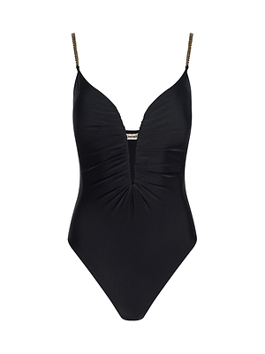 The Lilou One-Piece Swimsuit is black with brass-chain straps, a deep V-neckline, and ruched detailing down the center front.