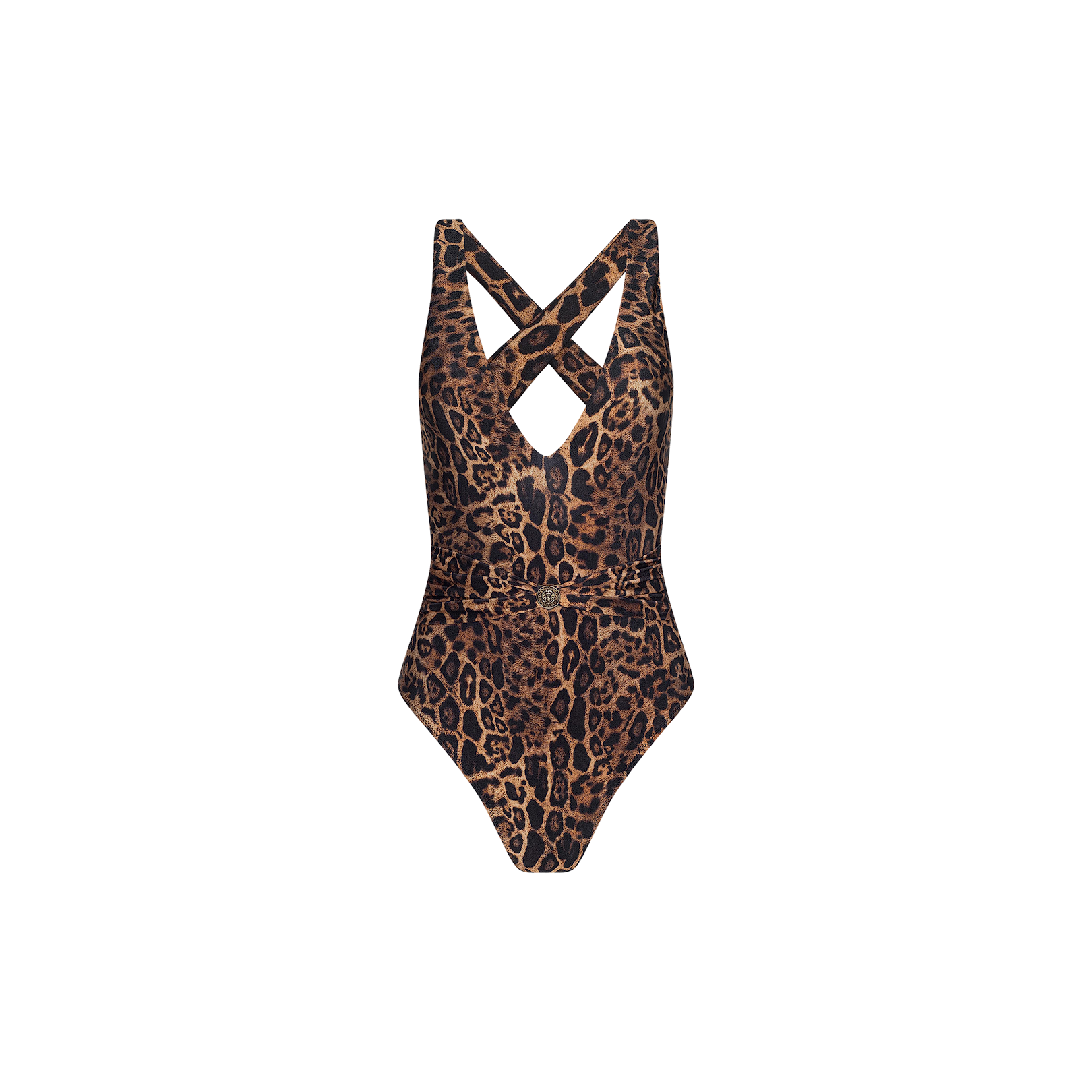 The Lisa Plunge One-Piece Swimsuit features a leopard print design, a belted waist, and crisscross straps on the back for added style and support. Offering moderate coverage, the swimsuit is displayed against a white background.