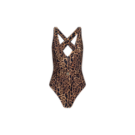 The Lisa Plunge One-Piece Swimsuit features a leopard print design, a belted waist, and crisscross straps on the back for added style and support. Offering moderate coverage, the swimsuit is displayed against a white background.