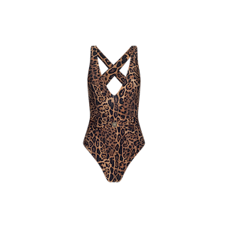 The Lisa Plunge One-Piece Swimsuit features a leopard print design, a belted waist, and crisscross straps on the back for added style and support. Offering moderate coverage, the swimsuit is displayed against a white background.