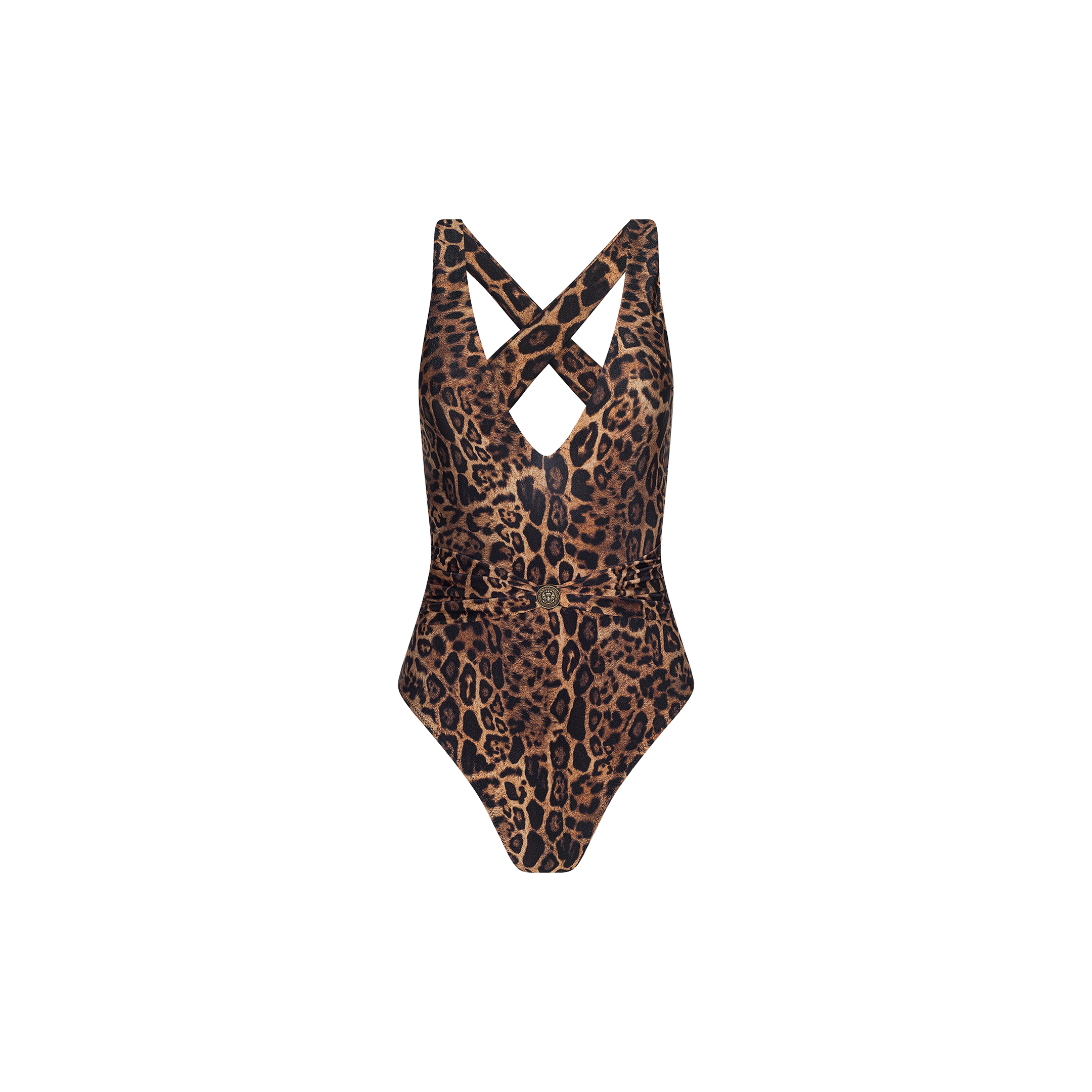 The Lisa Plunge One-Piece Swimsuit features a leopard print design, a belted waist, and crisscross straps on the back for added style and support. Offering moderate coverage, the swimsuit is displayed against a white background.