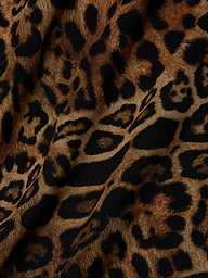 Close-up of the Sara Maxi Cover-Up Dress, showcasing its brown and black leopard print fabric with irregular shapes and spots reminiscent of wild animal fur—perfect for making a stylish statement.