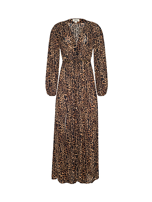 The L'AGENCE Sara Maxi Cover-Up Dress is a long-sleeved, floor-length dress with a brown and black leopard print and a cinched waist.