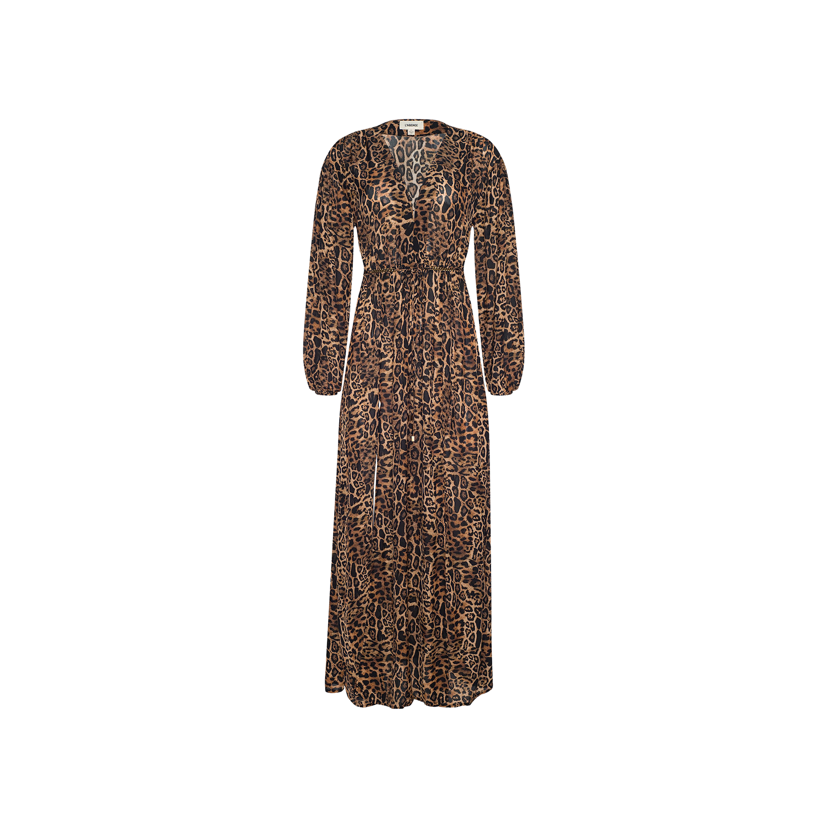 The Sara Maxi Cover-Up Dress is a long-sleeved, ankle-length dress with a brown and black leopard print pattern. It features a V-neckline, a fitted waist, and is styled as a fashionable maxi cover-up displayed on a white background.