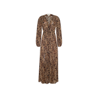 The Sara Maxi Cover-Up Dress features a brown and black leopard print in a long-sleeve, ankle-length design with a fitted waist and flowing skirt, shown against a plain white background.