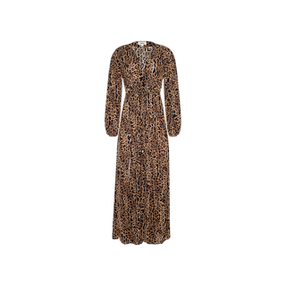 The Sara Maxi Cover-Up Dress is a long-sleeved, ankle-length dress with a brown and black leopard print pattern. It features a V-neckline, a fitted waist, and is styled as a fashionable maxi cover-up displayed on a white background.