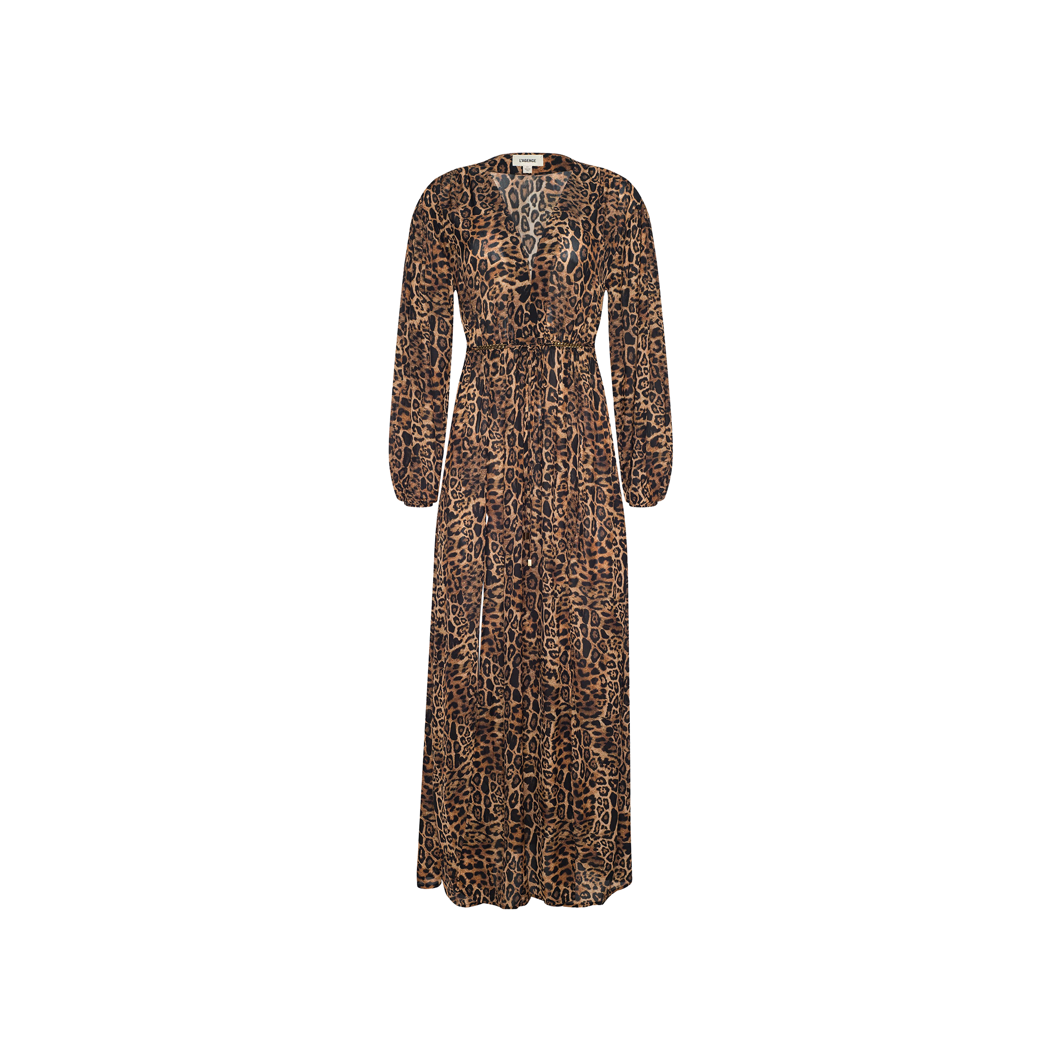 The Sara Maxi Cover-Up Dress features a brown and black leopard print in a long-sleeve, ankle-length design with a fitted waist and flowing skirt, shown against a plain white background.
