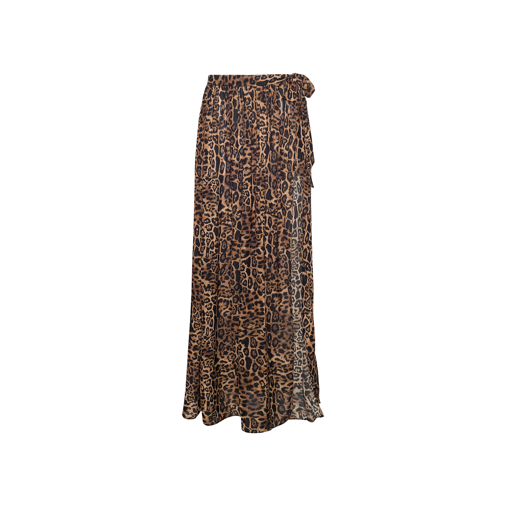 The Klaire Cover-Up Skirt is a long, flowy wrap skirt with a brown and black leopard print, featuring a high waist and side tie closure.