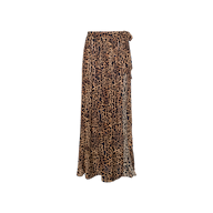The Klaire Cover-Up Skirt is a long, flowy wrap skirt made from viscose chiffon, featuring a brown and black leopard print and a side tie detail, displayed against a white background.
