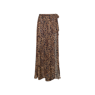 The Klaire Cover-Up Skirt is a long, flowy wrap skirt with a brown and black leopard print, featuring a high waist and side tie closure.
