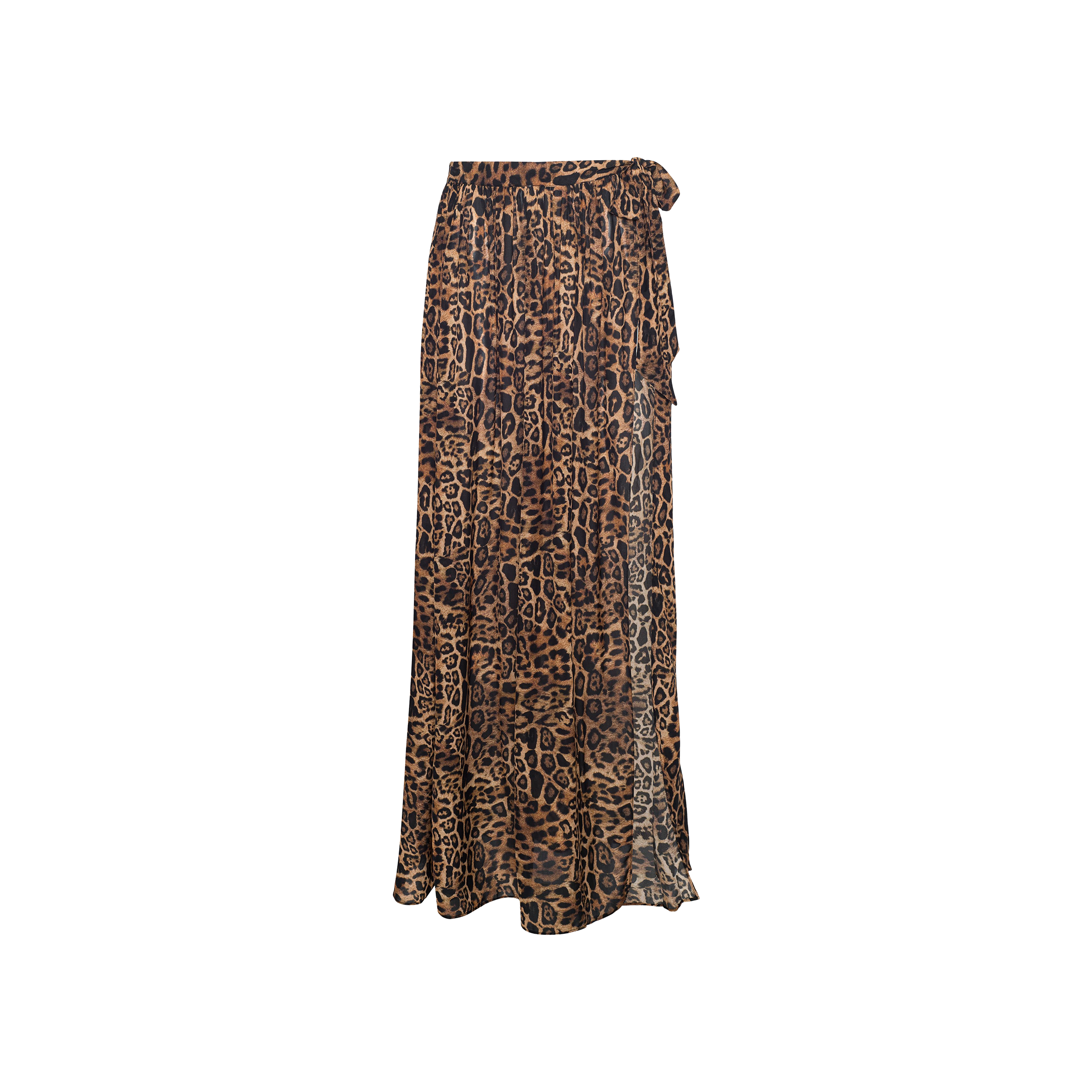 The Klaire Cover-Up Skirt is a long, flowy wrap skirt made from viscose chiffon, featuring a brown and black leopard print and a side tie detail, displayed against a white background.