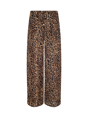The Geraldine Cover-Up Pant features a brown and black leopard print in a wide-leg, pull-on style—ideal for chic resort wear and shown against a white background.