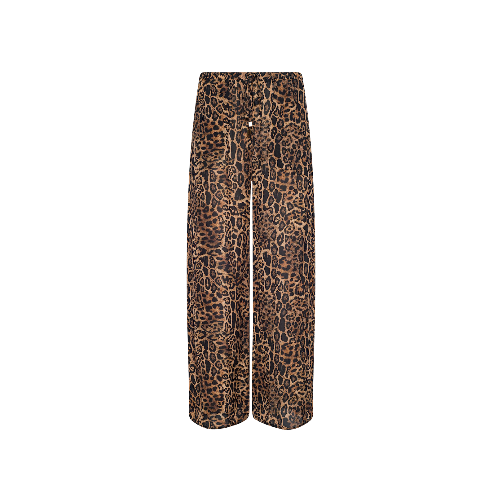 The Geraldine Cover-Up Pant showcases a bold brown and black leopard print in a wide-leg silhouette, designed with a comfortable pull-on fit and displayed against a crisp white background—ideal for resort wear.