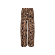 The Geraldine Cover-Up Pant showcases a bold brown and black leopard print in a wide-leg silhouette, designed with a comfortable pull-on fit and displayed against a crisp white background—ideal for resort wear.
