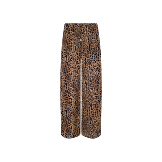 The Geraldine Cover-Up Pant is crafted from lightweight viscose chiffon and features an all-over brown and black leopard print pattern, making it perfect for effortlessly stylish resort wear. Displayed on a plain white background.