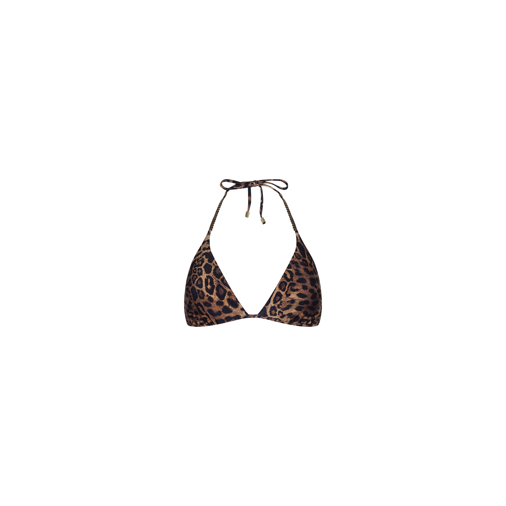 Annabelle Triangle Bikini Top showcased on a plain white background, featuring a classic triangle silhouette in leopard print with a halter neck tie and stylish brass chain straps.