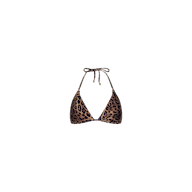 Annabelle Triangle Bikini Top featuring a leopard print, triangle silhouette, and thin brass chain straps, displayed on a plain white background.