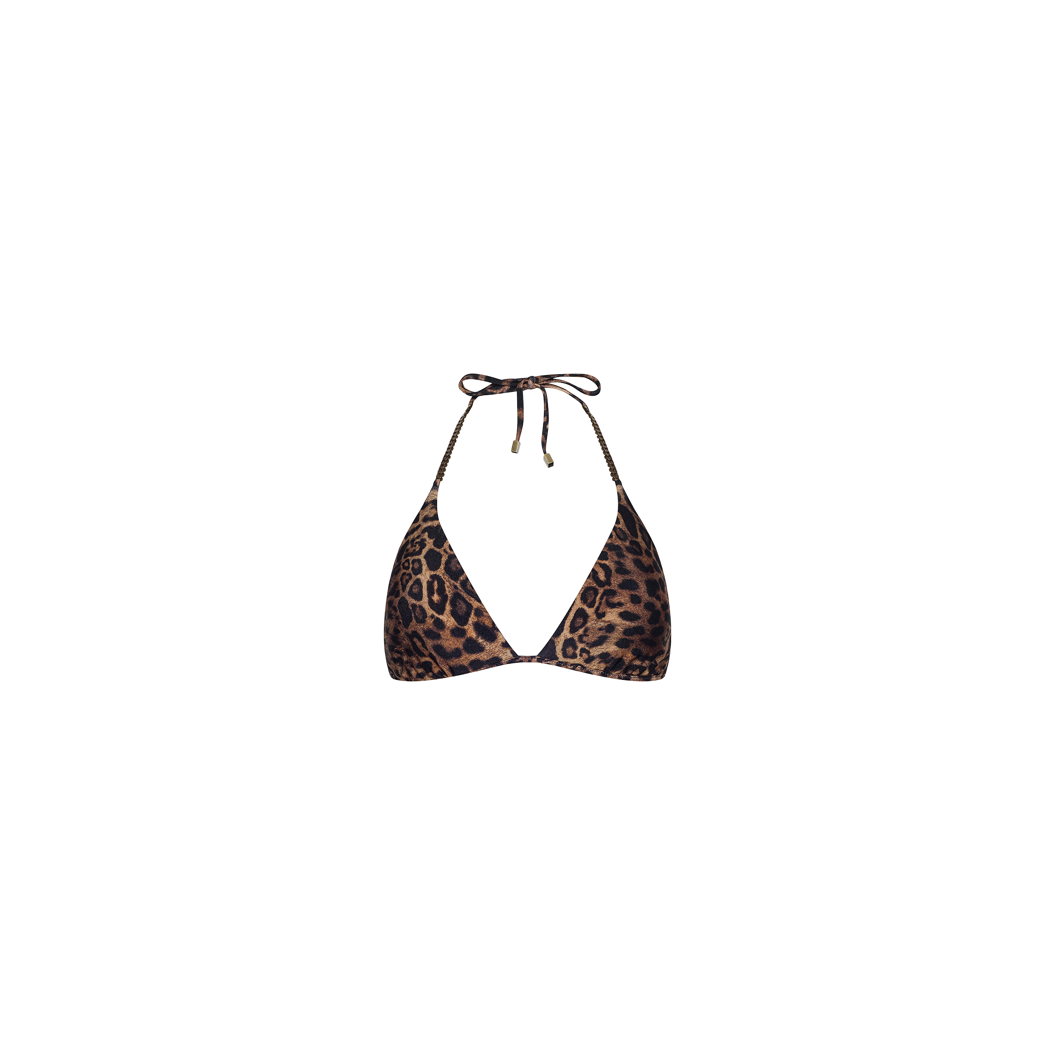 Annabelle Triangle Bikini Top featuring a leopard print, triangle silhouette, and thin brass chain straps, displayed on a plain white background.