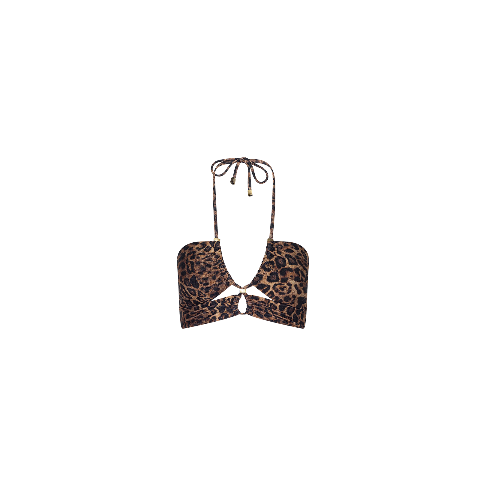 The Sirena Halter Bikini Top features a leopard print design, halter neck ties, and a small front cutout detail. Stylishly displayed on a plain white background, this bikini top is perfect for upgrading your swimwear collection.