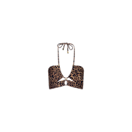 Sirena Halter Bikini Top with a leopard print design, featuring a halter neck tie and a small front keyhole cutout—perfect for adding bold style to your swimwear collection. Displayed on a plain white background.