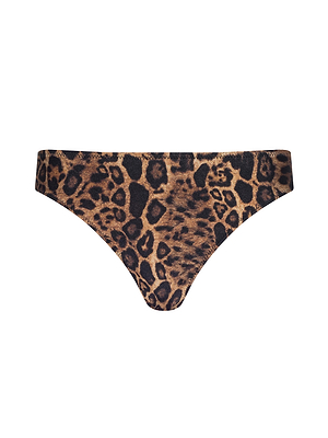 The Nicole Bikini Bottom by L'AGENCE features a leopard print, moderate coverage, and low-rise cut in four-way stretch nylon, shown on a white background.