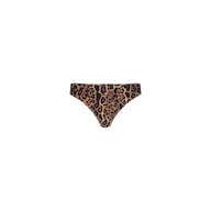 The Nicole Bikini Bottom features a leopard print design with a high-cut leg, crafted from four-way stretch nylon to provide a comfortable fit and moderate coverage, shown against a plain white background.