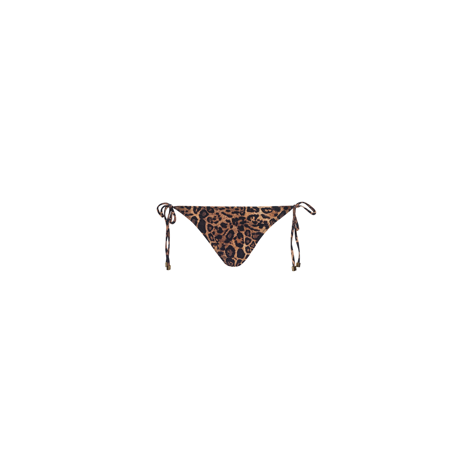 Britt Tie-Side Bikini Bottom featuring a leopard print design, adjustable tie sides, and brass hardware, displayed against a plain white background.