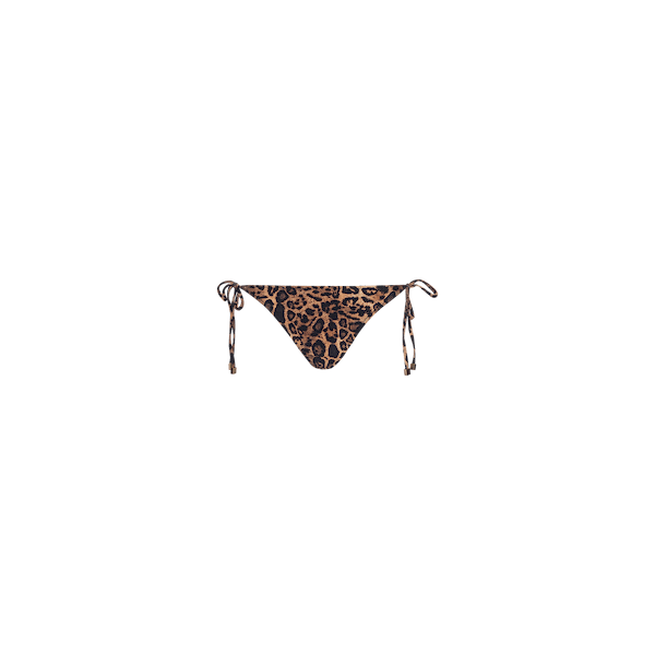 Britt Tie-Side Bikini Bottom in leopard print with adjustable tie sides, perfect for resort swimwear, displayed on a plain white background.