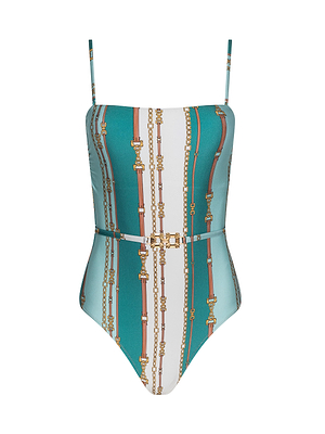 The Tory Bandeau One-Piece Swimsuit by L'AGENCE features thin straps, vertical teal, white, and brown stripes, plus gold chain and belt-stripe print accents.