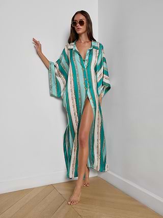 Wrena Cover-Up Dress in Light Sage Belt Stripe Print