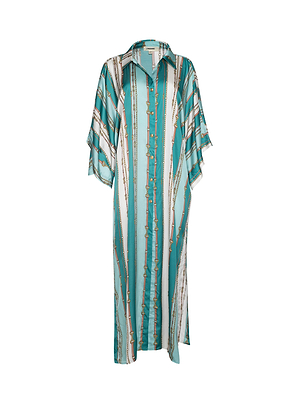 The L'AGENCE Wrena Cover-Up Dress is a lightweight viscose kaftan with elbow-length sleeves, a collared neckline, and vertical turquoise, white, and brown stripes—ideal for stylish resort wear.