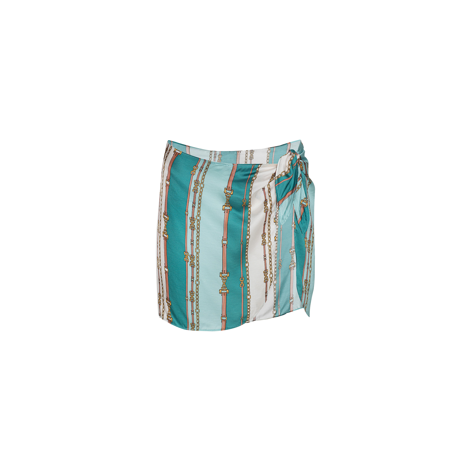 Introducing the Marceline Short Pareo—a wrap-style skirt featuring vertical stripes of teal, white, and gold chain prints, finished with a stylish side knot. This pareo is the perfect effortless swimsuit cover-up.
