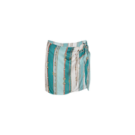 Introducing the Marceline Short Pareo—a wrap-style skirt featuring vertical stripes of teal, white, and gold chain prints, finished with a stylish side knot. This pareo is the perfect effortless swimsuit cover-up.