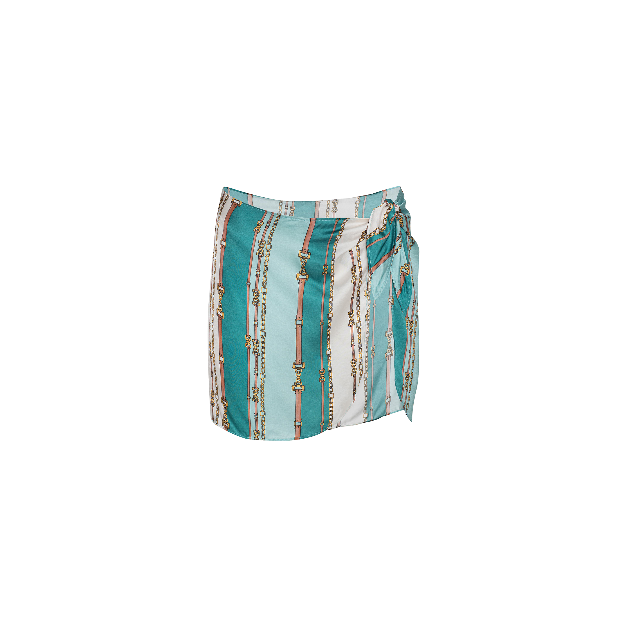 Introducing the Marceline Short Pareo—a wrap-style skirt featuring vertical stripes of teal, white, and gold chain prints, finished with a stylish side knot. This pareo is the perfect effortless swimsuit cover-up.
