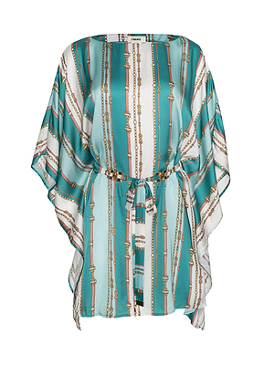 The Alia Cover-Up Tunic features a teal and white kimono-style design with gold chain patterns, wide sleeves, a striped tie belt at the waist, and silky fabric for a loose, flowing fit inspired by classic tunics.